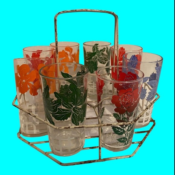 8 Floral Drinking Glasses Wire Caddy 7 Irises Hazel Atlas 1 Rose Libbey Country - Picture 2 of 13